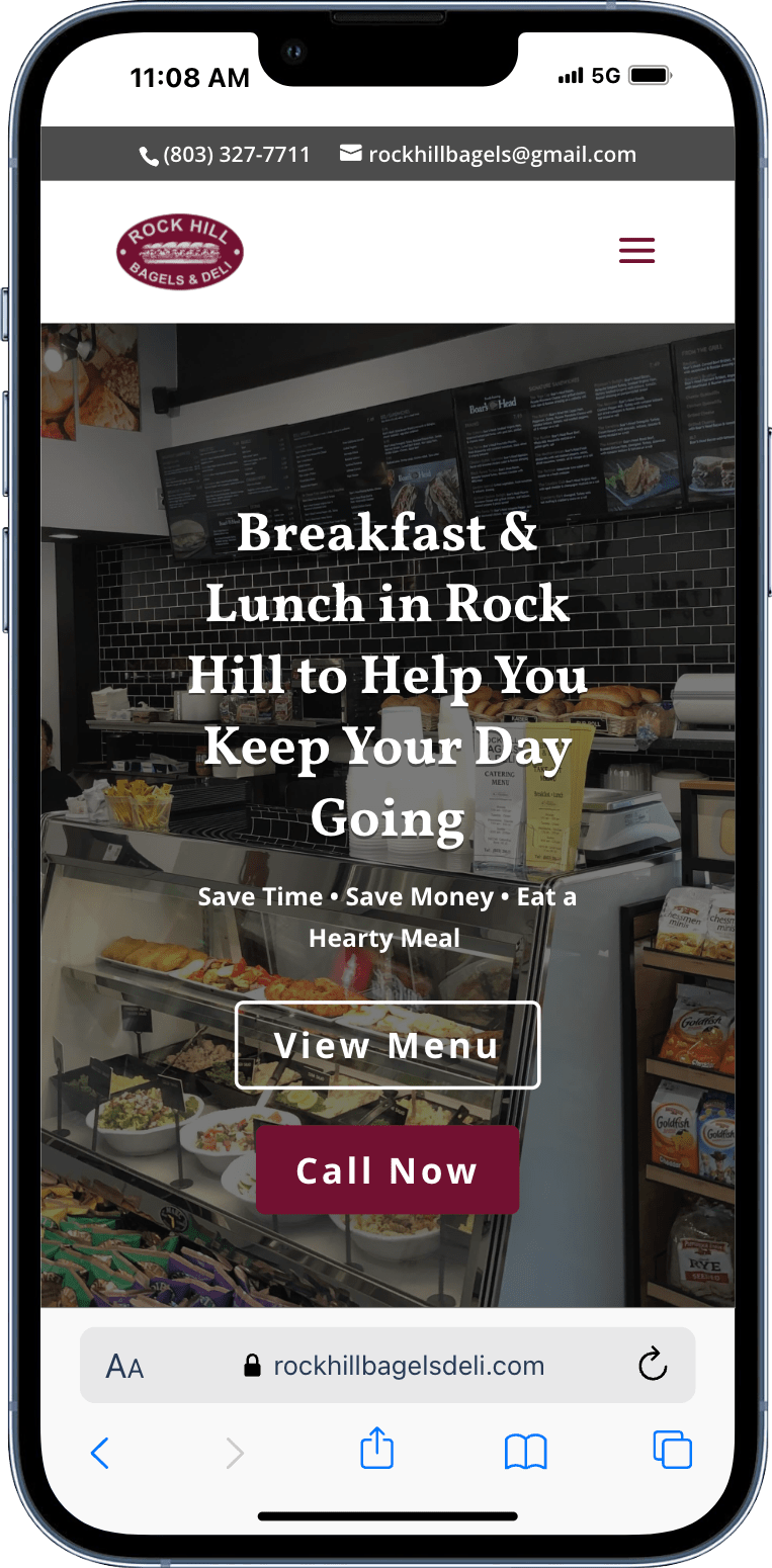 mobile phone mockup showing a restaurant website in rock hill