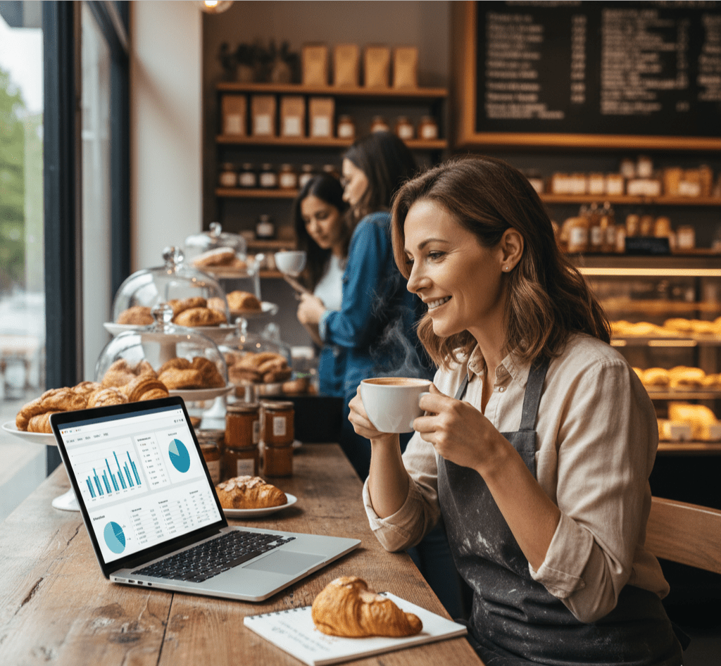 small business owner in front of laptop at a bakery looking at charts